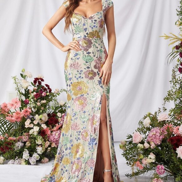 Multicolor Preppy Women's Floral Sequin Pattern Split Thigh Dress - Picture 4 of 6